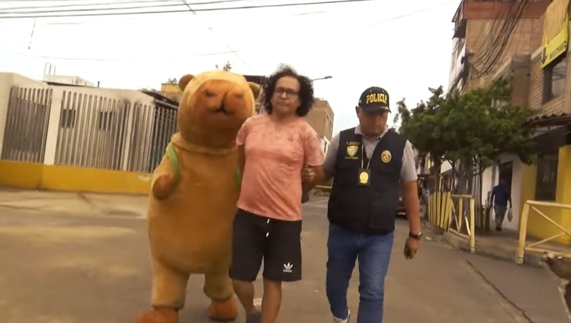 El Grupo Terna, disfrazado de un muñeco capibara, detiene a un hombre sospechoso de microcomercialización de droga en Lurín| Foto: PNP
