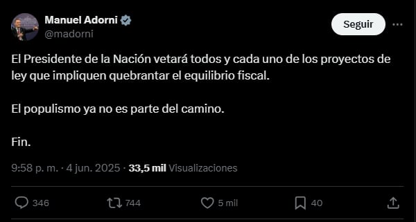 Adorni adhirió a las palabras de Milei con un mensaje en su cuenta de X