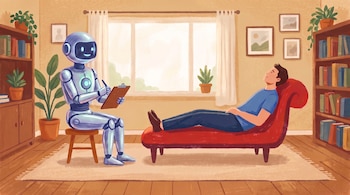 Un robot humanoide sonriente con portapapeles y un hombre recostado en un sofá. Estanterías con libros, plantas en macetas, ventana y cuadros decoran la sala.
