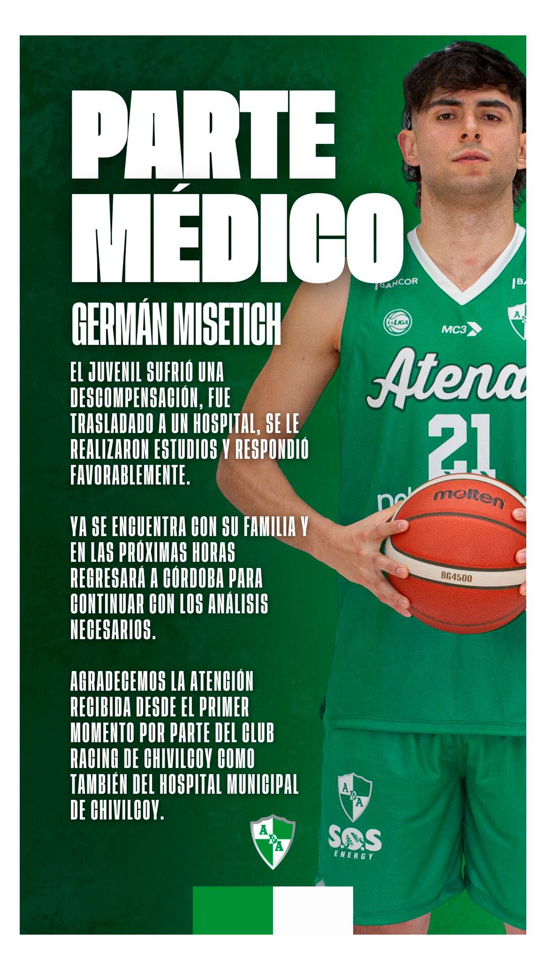 El parte médico de Atenas sobre la salud de Germán Misetich (@Atenas_oficial)