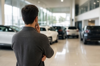 Un hombre de espaldas con camisa gris mira varios automóviles estacionados en un salón de exhibición.