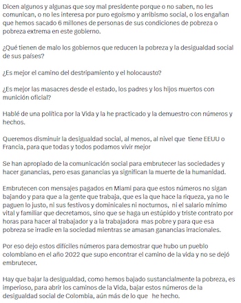 Petro cuestionó a los medios de comunicación y las redes sociales, y defendió las políticas laborales y sociales de su gobierno. - crédito @petrogustavo/X