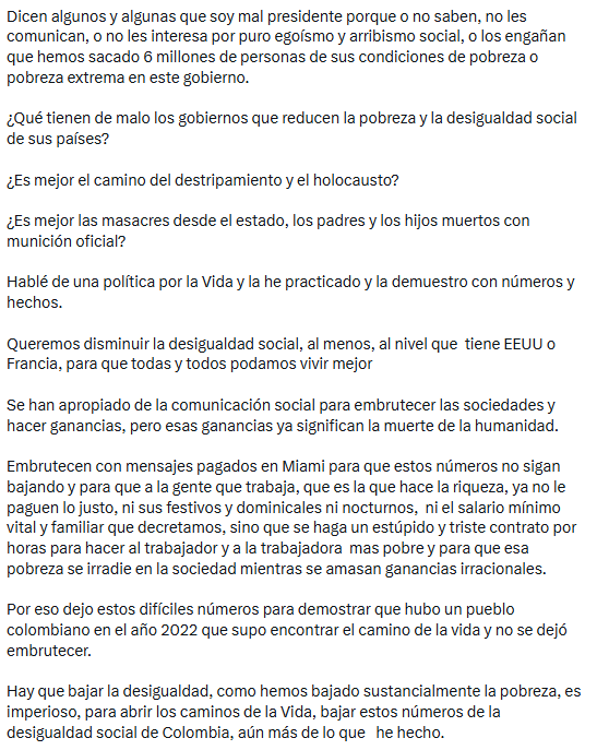 Petro cuestionó a los medios de comunicación y las redes sociales, y defendió las políticas laborales y sociales de su gobierno. - crédito @petrogustavo/X
