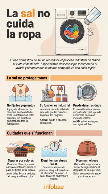 Infografía con una lavadora, un salero, prendas de vestir e ilustraciones técnicas sobre procesos industriales y métodos de lavado.
