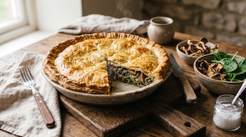 Tarta horneada en molde cerámico sin una porción, acompañada por cuencos de hongos, espinacas, un tenedor, un cuchillo y un frasco de sal.