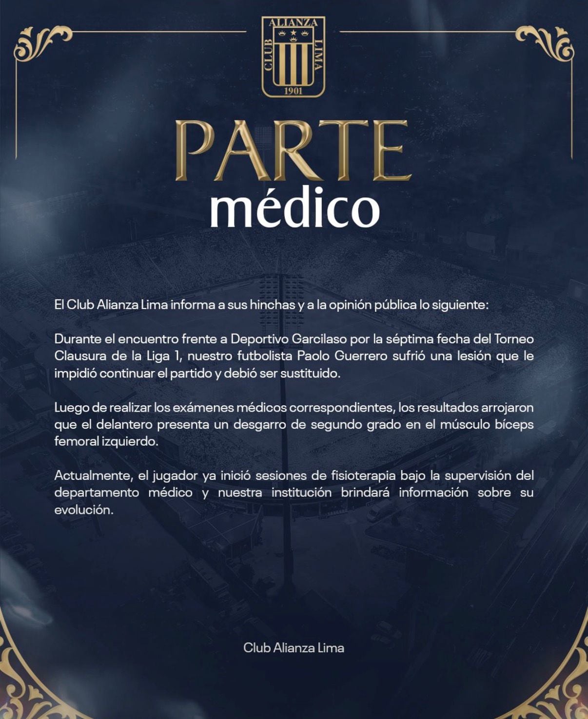 Parte médico que confirma la lesión de Paolo Guerrero en Alianza Lima.