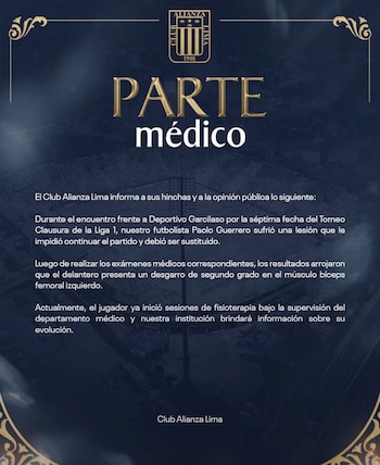 Parte médico que confirma la lesión de Paolo Guerrero en Alianza Lima.