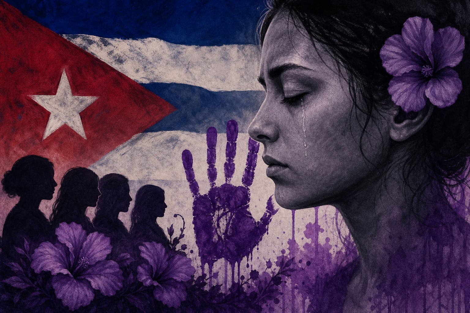 Una ilustración con la bandera de Cuba y figuras femeninas simboliza la problemática de los feminicidios en el país. (Imagen Ilustrativa Infobae)