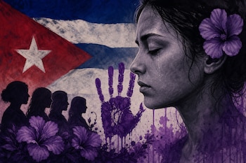 Ilustración del rostro de una mujer llorando junto a la bandera de Cuba, flores moradas, siluetas de mujeres y una huella de mano morada.