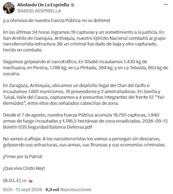 Abelardo de la Espriella presentó balance de seguridad con operativos contra la estructura 36 y el Clan del Golfo - crédito @ABDELAESPRIELLA/X