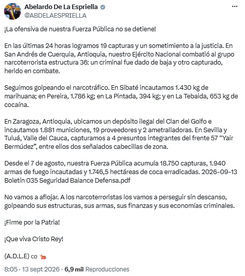 Abelardo de la Espriella presentó balance de seguridad con operativos contra la estructura 36 y el Clan del Golfo - crédito @ABDELAESPRIELLA/X