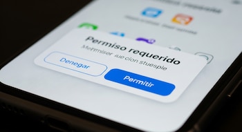 Primer plano de un smartphone mostrando una ventana emergente blanca con el texto 'Permiso requerido', y dos botones 'Denegar' y 'Permitir'.