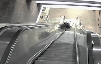 Vista aérea en blanco y negro de una persona, Davis, cayendo de espaldas por una escalera mecánica metálica con pasamanos