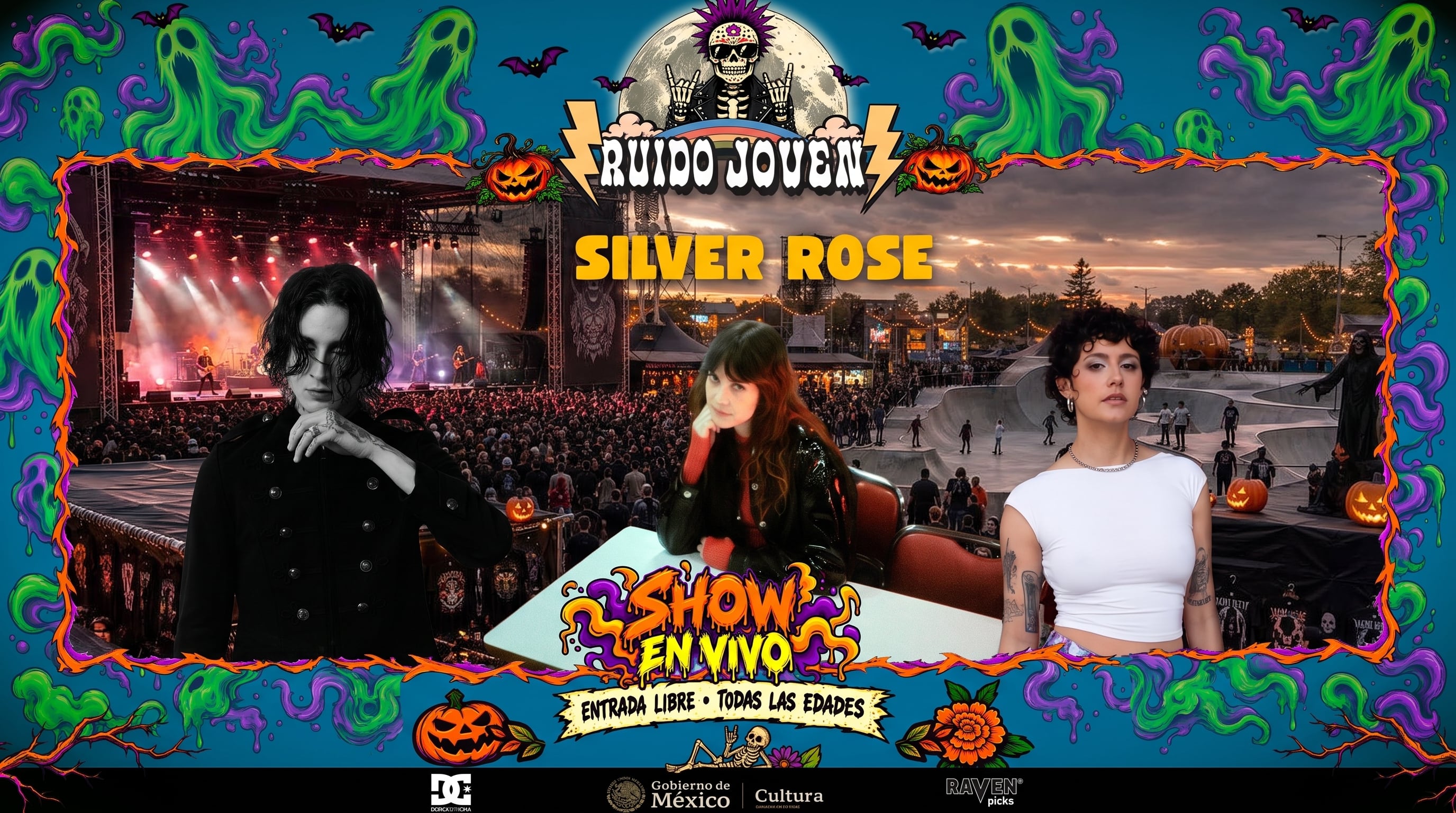 Un cartel promocional anuncia la presentación en vivo del proyecto musical Silver Rose como parte del programa Ruido Joven, organizado por el Gobierno de México. (Imagen Ilustrativa Infobae)
