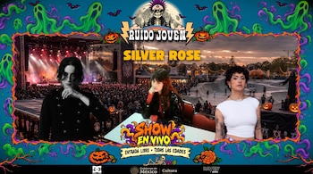 Cartel ilustrado con tres músicos al frente, un escenario de concierto, el título Ruido Joven y adornos alusivos a Halloween.