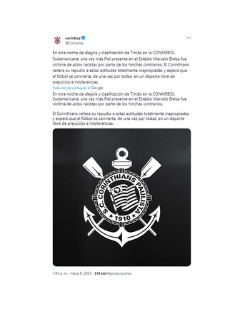 Corinthians denunció racismo durante el
