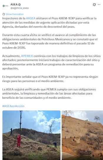 Captura de una publicación de la ASEA con texto sobre el pozo KREM-1EXP y dos fotografías de trabajadores en un terreno montañoso