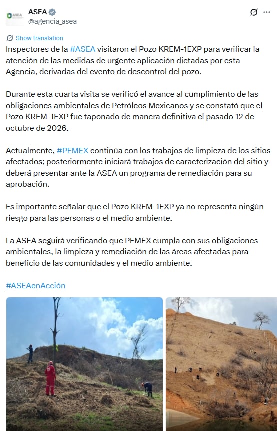 Una publicación de la agencia mexicana ASEA informa sobre la verificación de los trabajos de limpieza y el taponado definitivo del pozo petrolero KREM-1EXP. (@agencia_asea)
