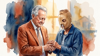 Ilustración en acuarela de un hombre con traje que sostiene las manos de una persona con el rostro cubierto por una compresa médica.
