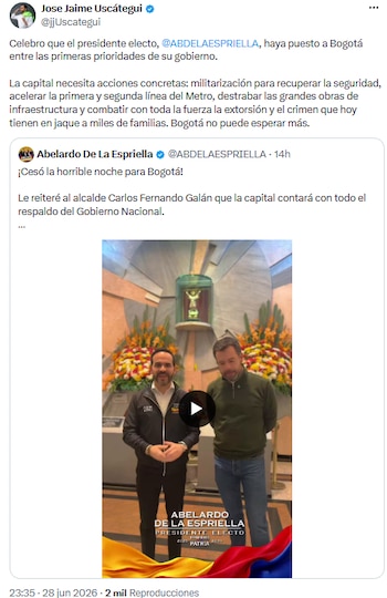 José Jaime Uscátegui respaldó prioridad de Bogotá en el nuevo gobierno y exigió militarización para recuperar la seguridad - crédito @jjUscategui/X
