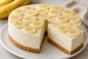 Tarta de queso y plátano con base de galleta sobre un plato blanco, con una porción cortada y rodajas de fruta encima.