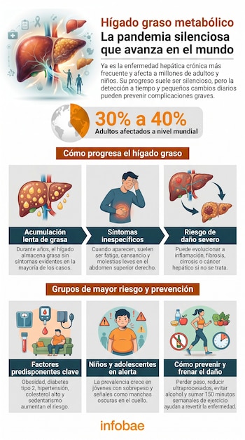 Infografía sobre hígado graso metabólico. Ilustra un hígado afectado, prevalencia global, progresión de la enfermedad, síntomas, factores de riesgo y métodos de prevención.