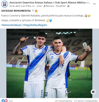La publicación de Alianza Atlético elogiando a Valentín Robaldo y Franco Coronel por sus actuaciones ante Universitario.