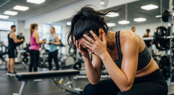 Una mujer de 30 años, con cabello oscuro recogido y ropa deportiva, se cubre el rostro con las manos mientras se sienta agotada en un banco de gimnasio.