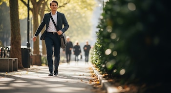 Un hombre con camisa blanca, saco gris y pantalón azul oscuro camina por una acera arbolada en un día soleado, llevando un bolso al hombro.