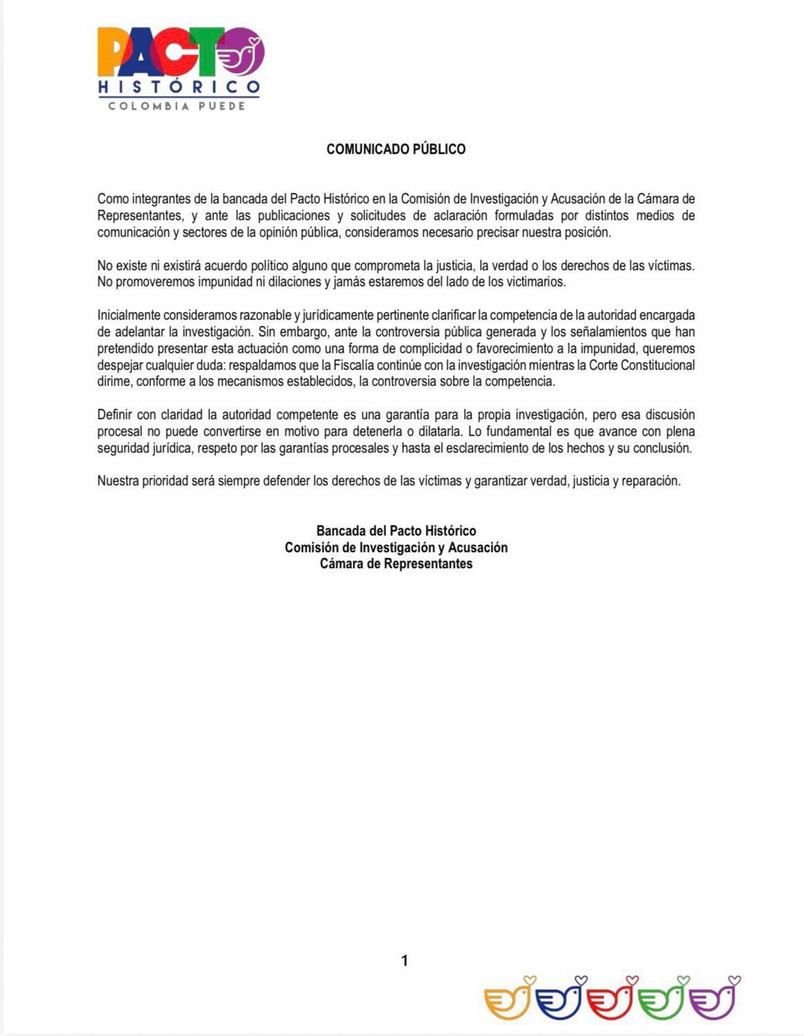 La bancada del Pacto Histórico manifestó que respalda la continuidad de la investigación en la Fiscalía mientras la Corte Constitucional define cuál autoridad tiene la competencia, con el propósito de evitar que la controversia institucional detenga o dilate las diligencias - crédito Pacto Histórico