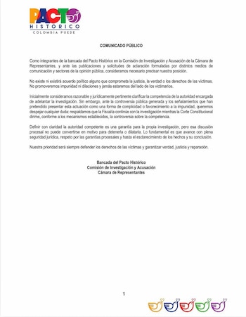 La bancada del Pacto Histórico manifestó que respalda la continuidad de la investigación en la Fiscalía mientras la Corte Constitucional define cuál autoridad tiene la competencia, con el propósito de evitar que la controversia institucional detenga o dilate las diligencias - crédito Pacto Histórico