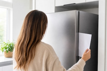 Una mujer de espaldas sujeta una hoja de papel blanco atrapada en la junta de la puerta de un frigorífico metálico en una cocina.