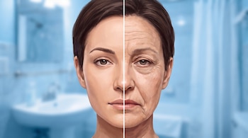 Rostro de mujer dividido verticalmente, mostrando un lado con piel lisa y otro con arrugas. Fondo azul de un baño con grifo y cortina.