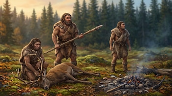 Tres neandertales vestidos con pieles en un bosque, uno con una lanza y otro junto a un ciervo tendido cerca de una fogata.