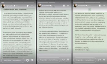La actriz pidió a la Bichota y a los artistas involucrados en "+57" sobre la imagen que estaban proyectando de Medellín - crédito @mariafelina/Instagram