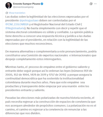 Samper pidió que el proceso de empalme entre el gobierno saliente y el gobierno entrante continúe conforme a la ley - crédito @ernestosamperp/X