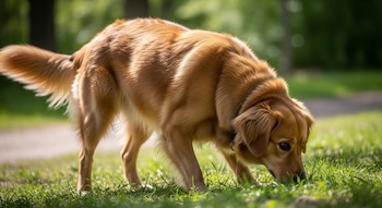 Un perro de color dorado-marrón con un collar oscuro, cabeza abajo, olfateando la hierba verde detalladamente con luz natural de fondo.