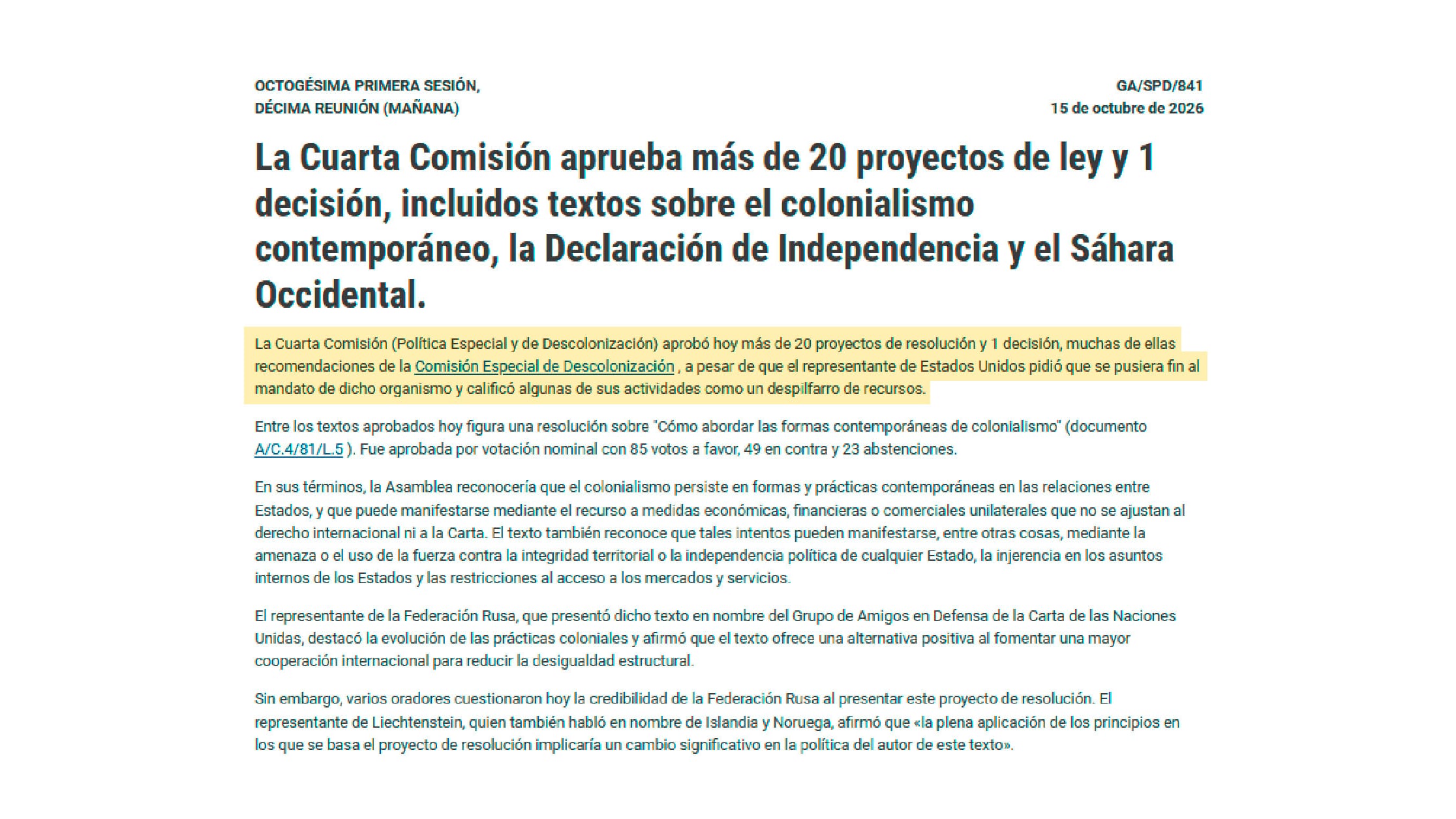 Facsímil de la comunicación de la ONU informando que Estados Unidos propone disolver el Comité de Descolonización
