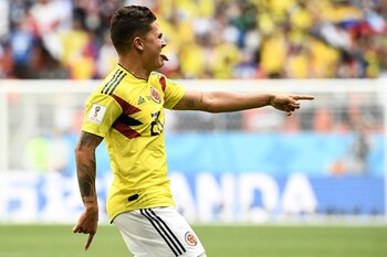 Colombia's midfielder Juan Quintero celebrates after scoring a goal during the Russia 2018 World Cup Group H football match between Colombia and Japan at the Mordovia Arena in Saransk on June 19, 2018. / AFP PHOTO / Filippo MONTEFORTE / RESTRICTED TO EDITORIAL USE - NO MOBILE PUSH ALERTS/DOWNLOADS