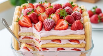 Una Carlota de fresa cremosa en un molde de vidrio rectangular con capas de bizcochos de soletilla, crema rosa y fresas. Una cuchara metálica extrae una porción.