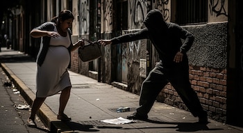 Una mujer embarazada y una persona con capucha oscura en una calle, la persona con capucha estira el brazo hacia el bolso de la mujer.