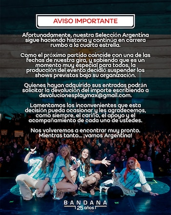 El comunicado de Bandana indicó que quienes compraron entradas para los shows cancelados pueden pedir la devolución del importe por correo electrónico