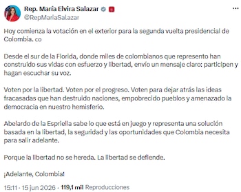 María Elvira Salazar llamó a la diáspora colombiana a votar en la segunda vuelta presidencial - crédito @RepMariaSalazar/X