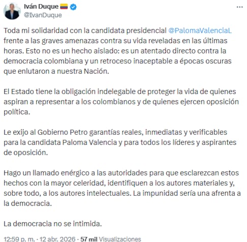 Iván Duque exigió garantías inmediatas para Paloma Valencia y advirtió sobre amenazas a la democracia - crédito @IvanDuque/X