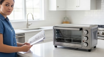 Mujer con camisa azul sujeta un manual de instrucciones y mira un horno tostador eléctrico plateado sobre una encimera de cocina.