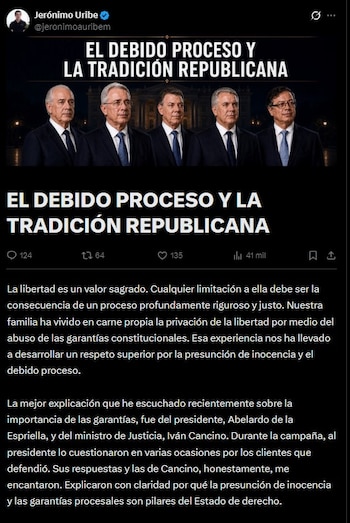 Jerónimo Uribe defendió en X el permiso otorgado por el Senado a Gustavo Petro para salir del país y pidió respetar la presunción de inocencia y el debido proceso - crédito Jerónimo Uribe /X