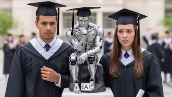 Dos graduados, un hombre y una mujer, flanquean una estatua de robot plateado con toga y birrete, todos con expresiones de preocupación, en un campus universitario