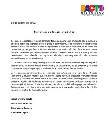 Comunicado del Pacto Histórico. Foto: