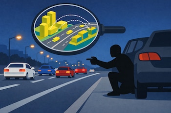 Una avenida nocturna con autos circulando, un hombre oculto junto a un auto estacionado, y una lupa que muestra un modelo 3D de la avenida con trayectorias punteadas.