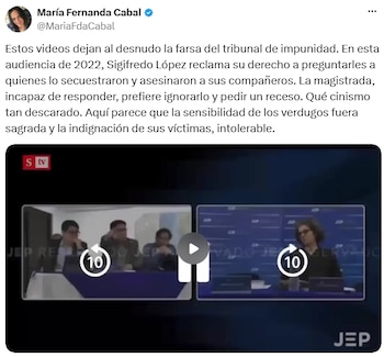 María Fernanda Cabal cuestionó la actuación de la JEP durante la audiencia de 2022, en la que López reclamó su derecho a intervenir. - crédito @MariaFdaCabal/X